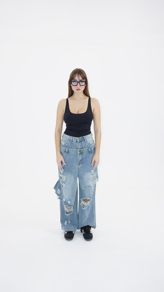 Double take deconstructed jeans